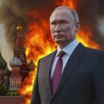 putin standing in front of a kremlin in flames