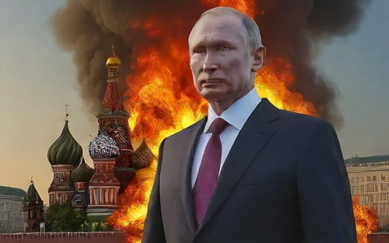 putin standing in front of a kremlin in flames